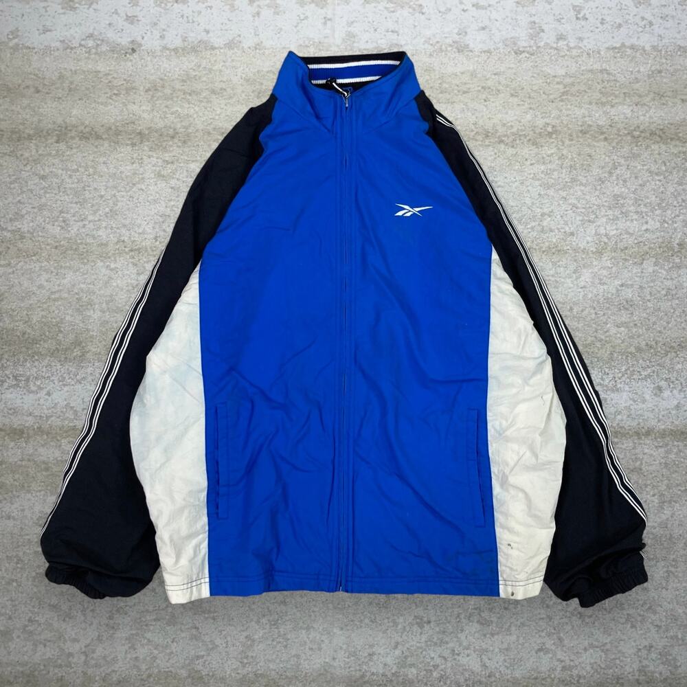 Vintage 90s Reebok Windbreaker Jacket Mens L Royal Blue White Polyester Full Zip